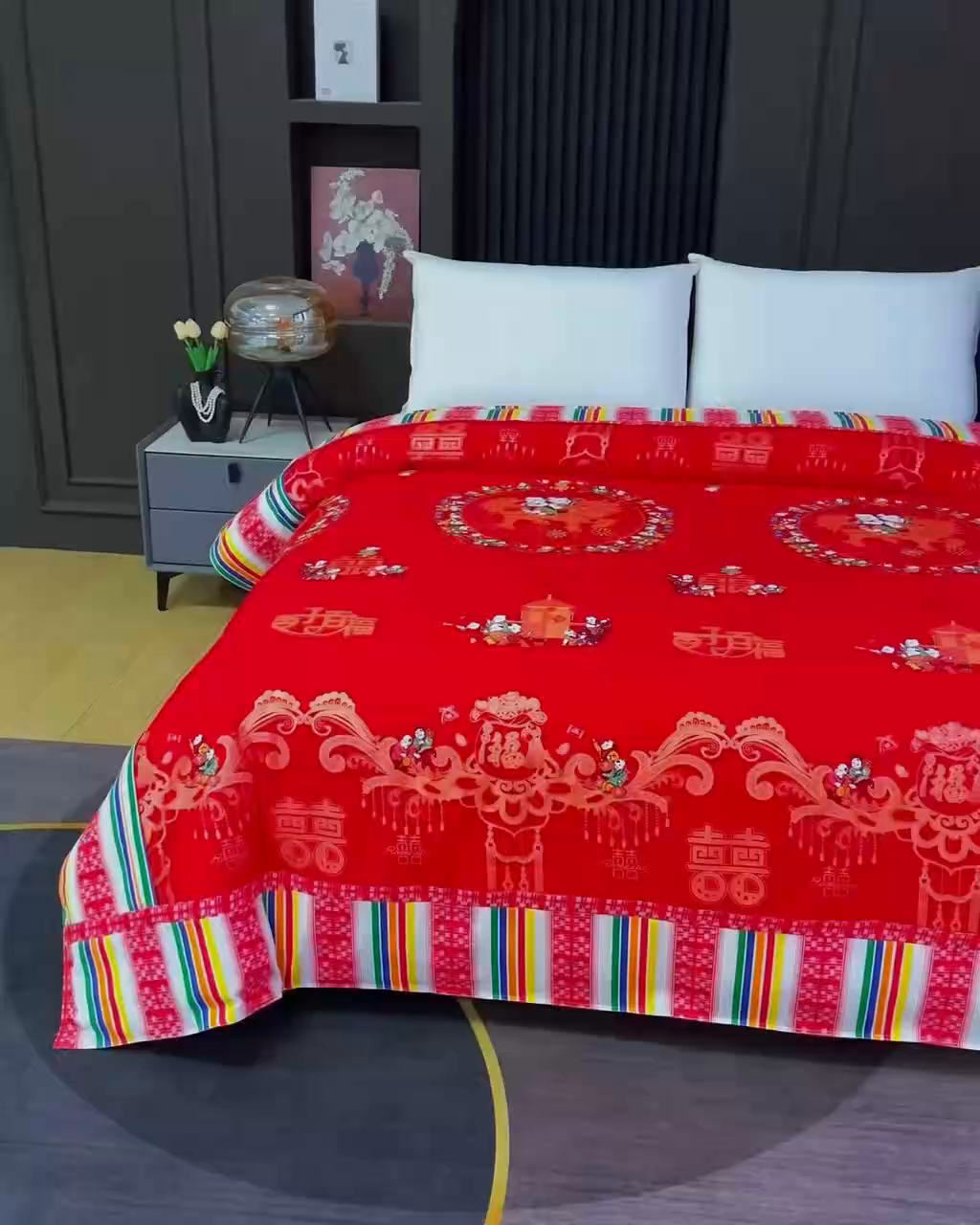 91家纺网 家纺一手货源 找家纺 （总）浩情国际婚庆供货中心 2026新款高端婚庆经典结婚被单龙凤百子被套老粗布100%全棉纯棉大红长期供货