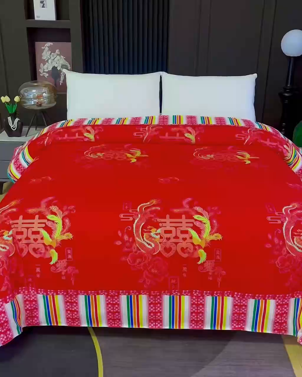 91家纺网 家纺一手货源 找家纺 浩情国际婚庆供货中心 2026新款高端婚庆经典结婚被单龙凤百子被套老粗布100%全棉纯棉大红长期供货 龙凤爱恋-大红