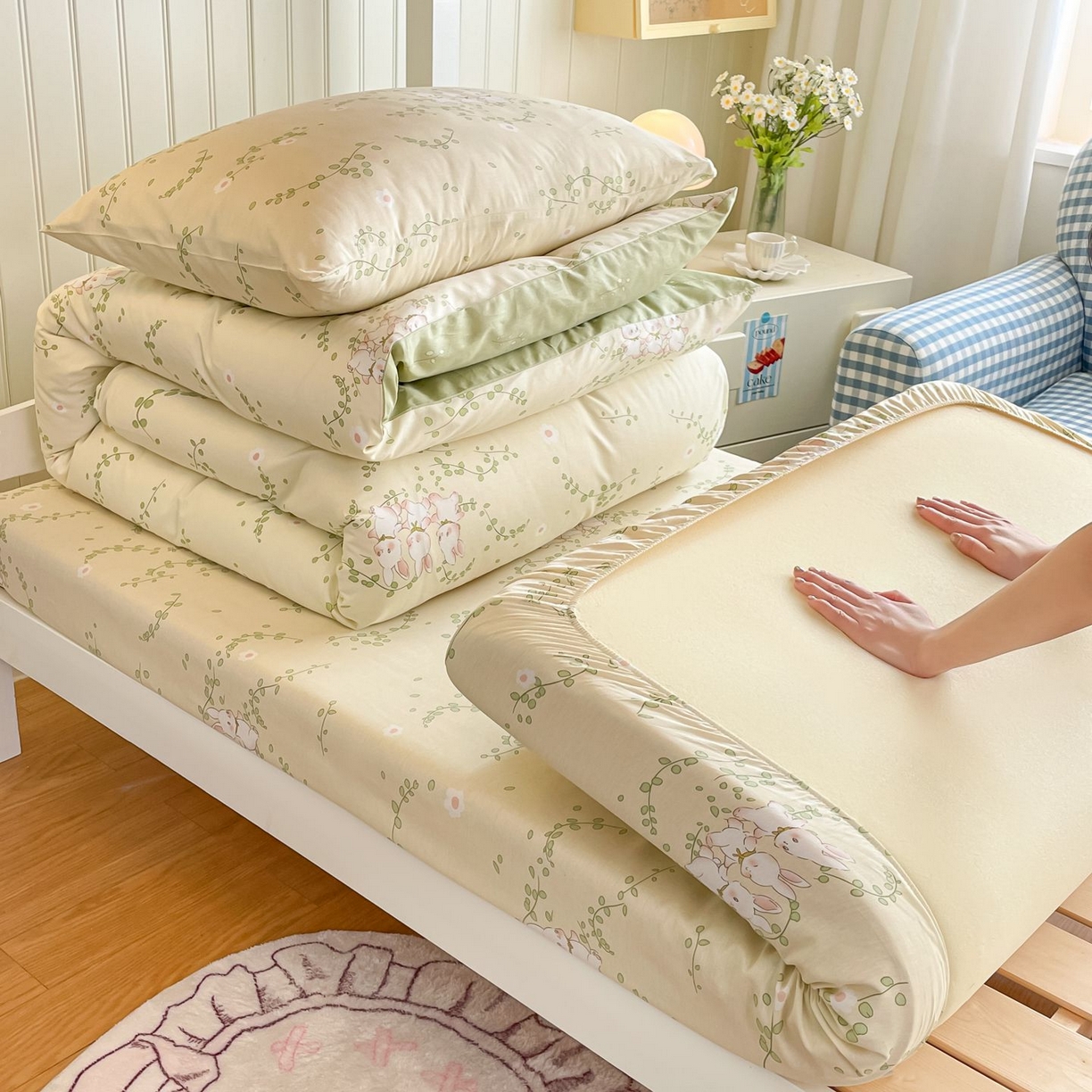 91家纺网 家纺一手货源 找家纺 寻米 2026新款春夏13070印花三件套单品系列-单被套 花园小兔