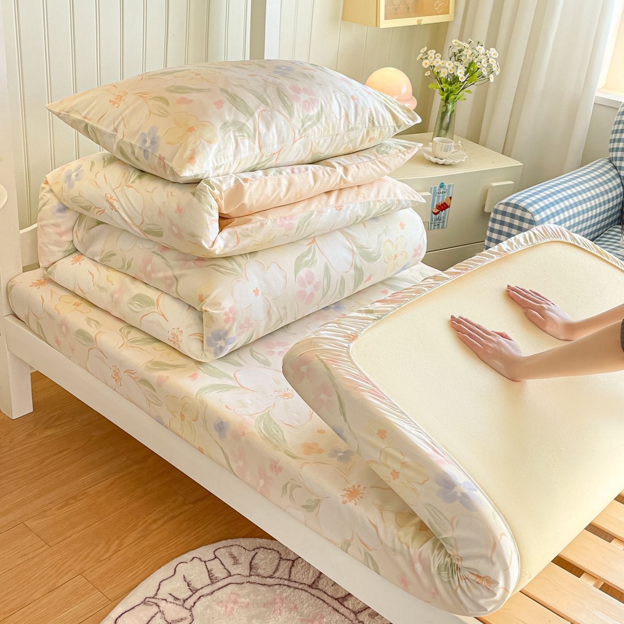 91家纺网 家纺一手货源 找家纺 寻米 2026新款春夏13070印花三件套单品系列-三件套 春风里-杏色