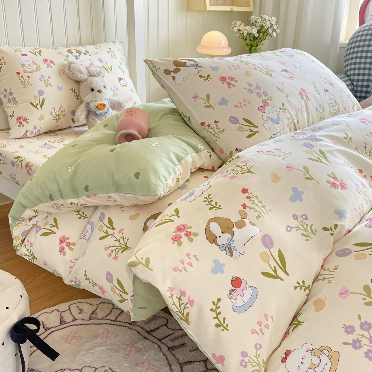 91家纺网 家纺一手货源 找家纺 寻米 2026新款春夏13070印花三件套单品系列-三件套 花园小狗