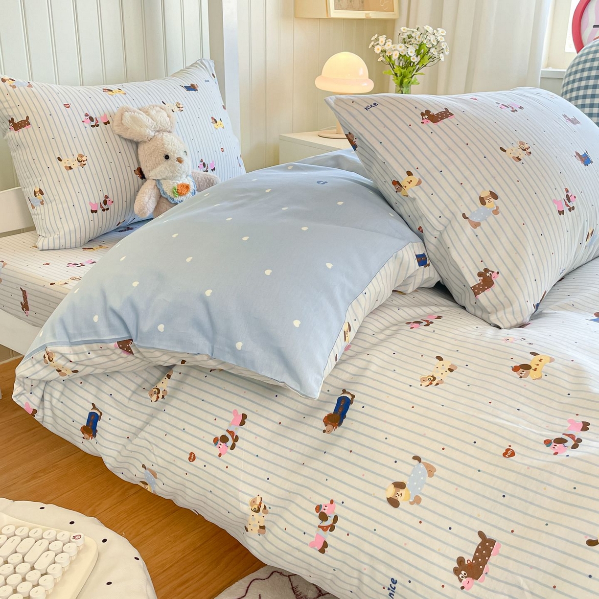 91家纺网 家纺一手货源 找家纺 寻米 2026新款春夏13070印花三件套单品系列-三件套 小狗没烦恼-蓝