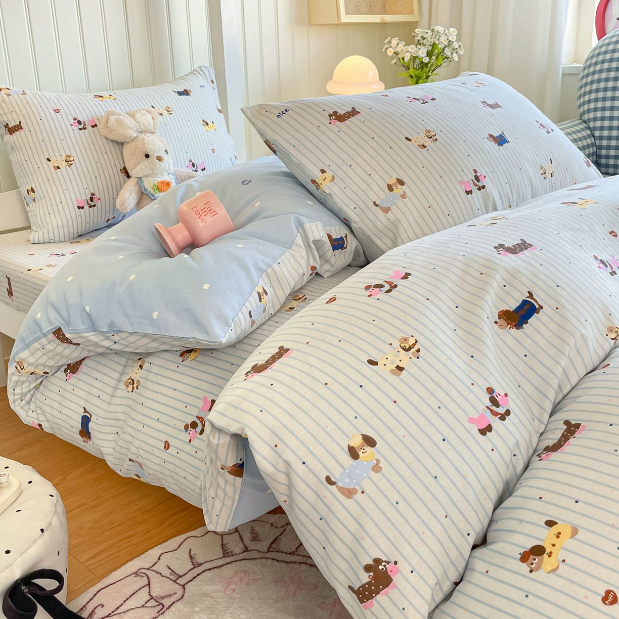 91家纺网 家纺一手货源 找家纺 寻米 2026新款春夏13070印花三件套单品系列-三件套 小狗没烦恼-蓝