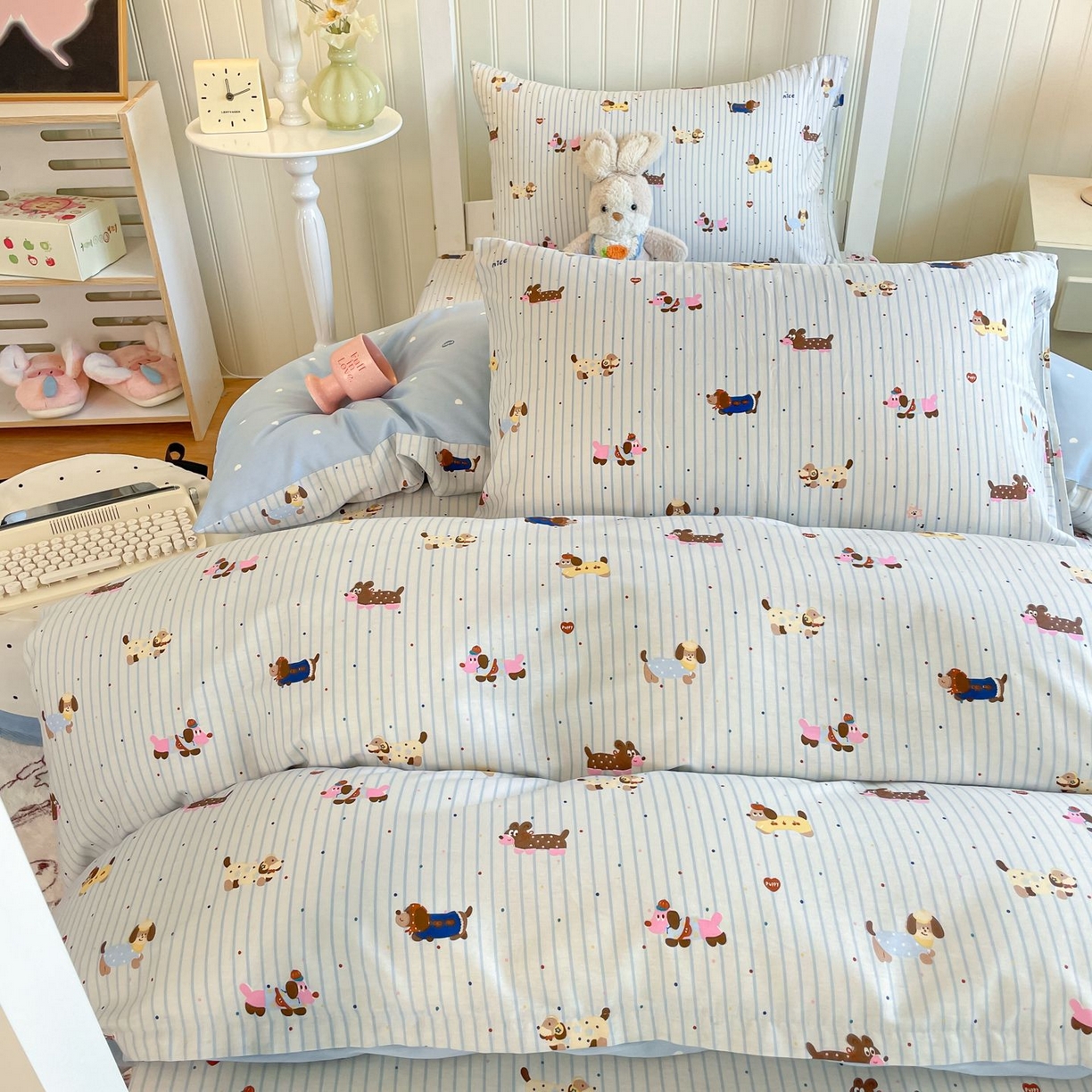 91家纺网 家纺一手货源 找家纺 寻米 2026新款春夏13070印花三件套单品系列-三件套 小狗没烦恼-蓝