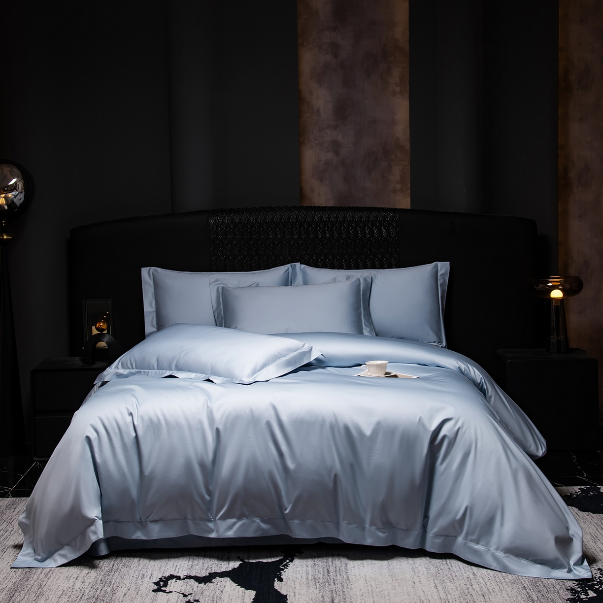轩和家居 2026新款高支贡缎长绒棉镂空四件套 晴天蓝