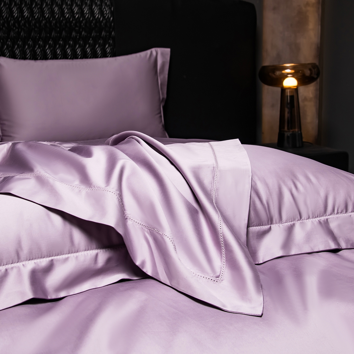 91家纺网 家纺一手货源 找家纺 轩和家居 2026新款高支贡缎长绒棉镂空四件套 琉璃紫