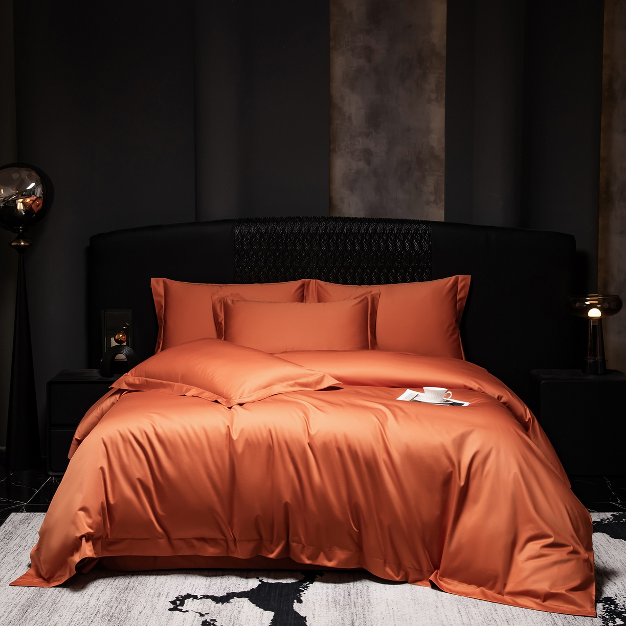 轩和家居 2026新款高支贡缎长绒棉镂空四件套 琥珀橙