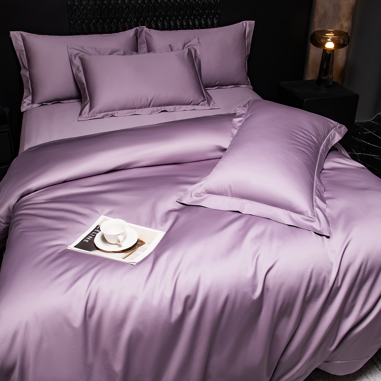 91家纺网 家纺一手货源 找家纺 轩和家居 2026新款高支贡缎长绒棉镂空四件套 琉璃紫