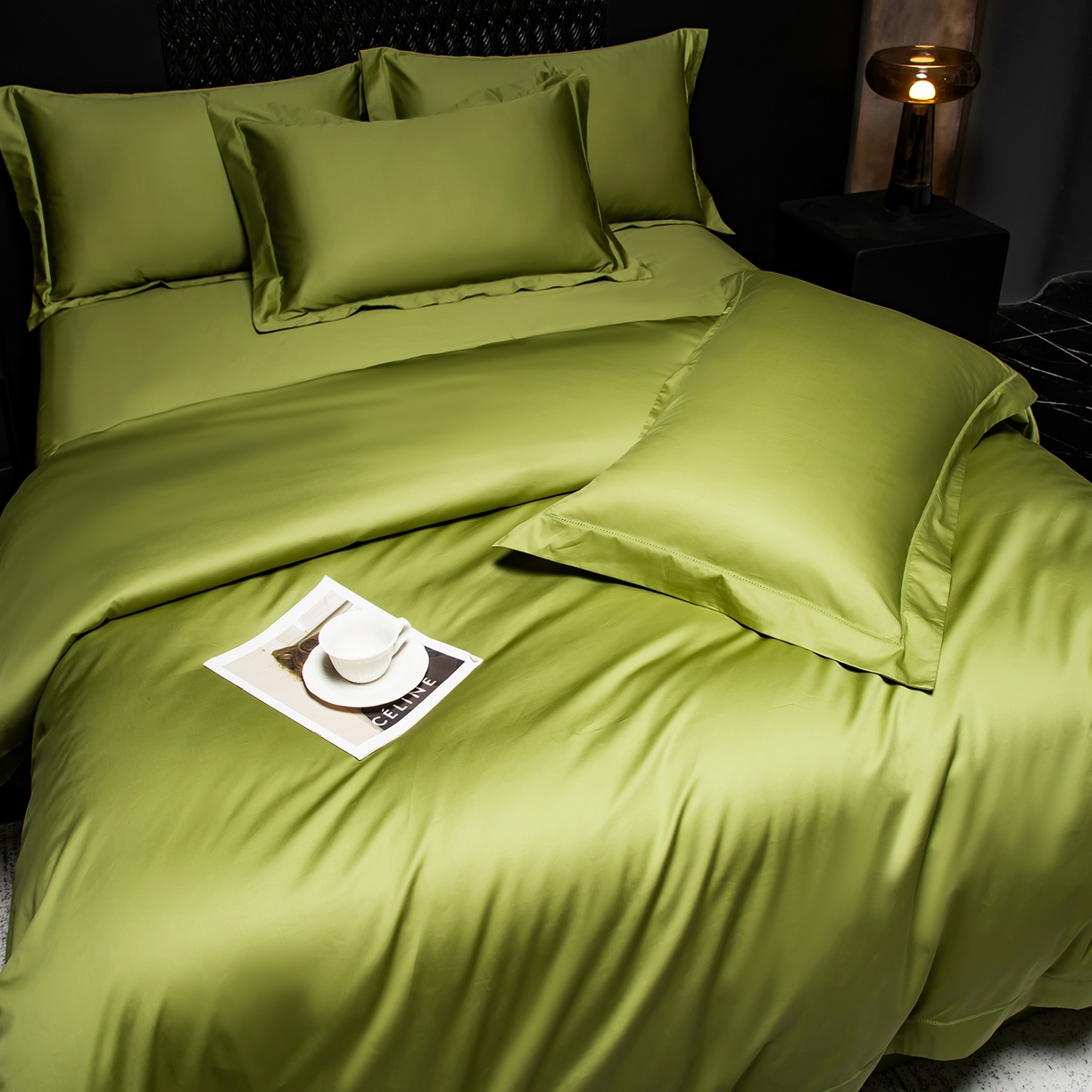 91家纺网 家纺一手货源 找家纺 轩和家居 2026新款高支贡缎长绒棉镂空四件套 莱姆绿