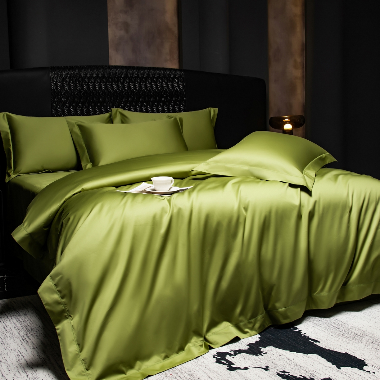 91家纺网 家纺一手货源 找家纺 轩和家居 2026新款高支贡缎长绒棉镂空四件套 莱姆绿