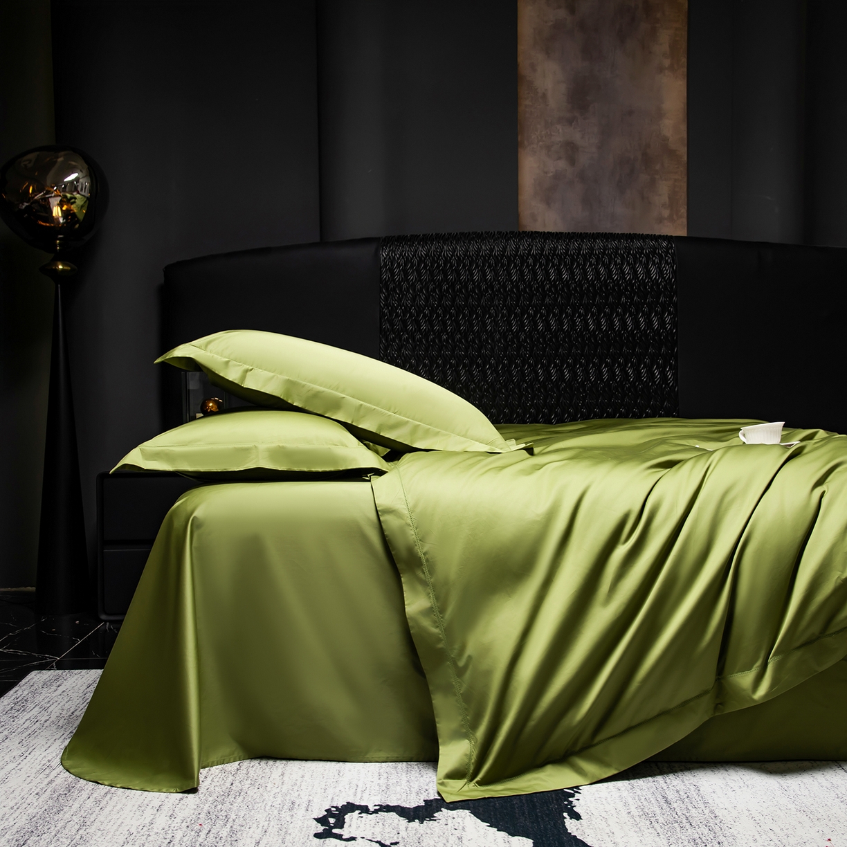 91家纺网 家纺一手货源 找家纺 轩和家居 2026新款高支贡缎长绒棉镂空四件套 莱姆绿