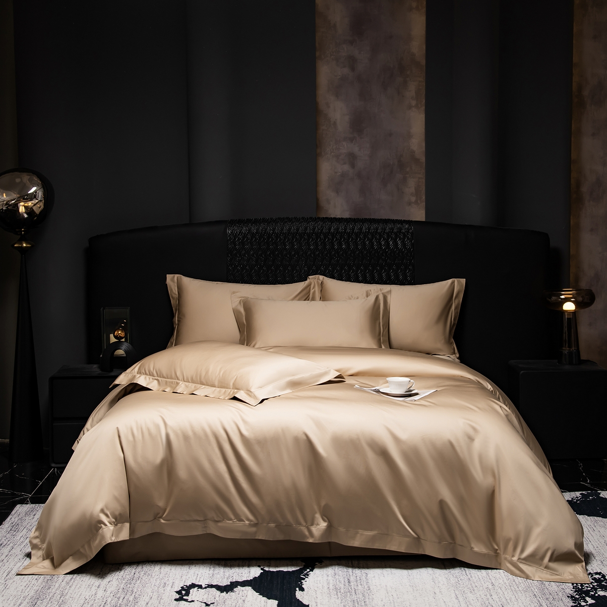 轩和家居 2026新款高支贡缎长绒棉镂空四件套 鎏金色