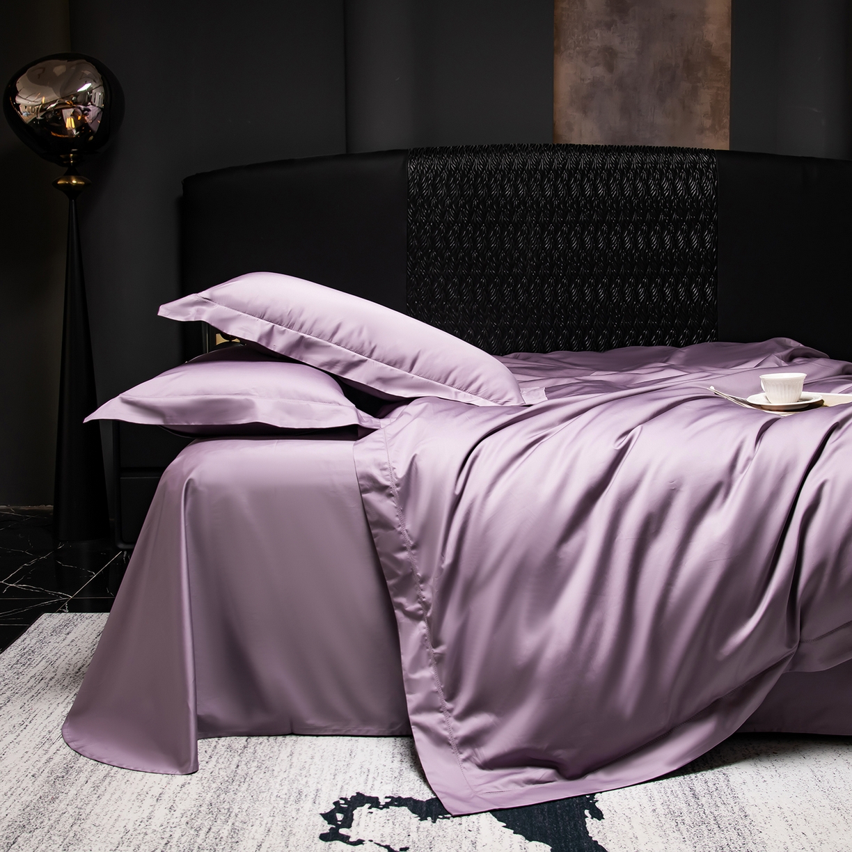 91家纺网 家纺一手货源 找家纺 轩和家居 2026新款高支贡缎长绒棉镂空四件套 琉璃紫