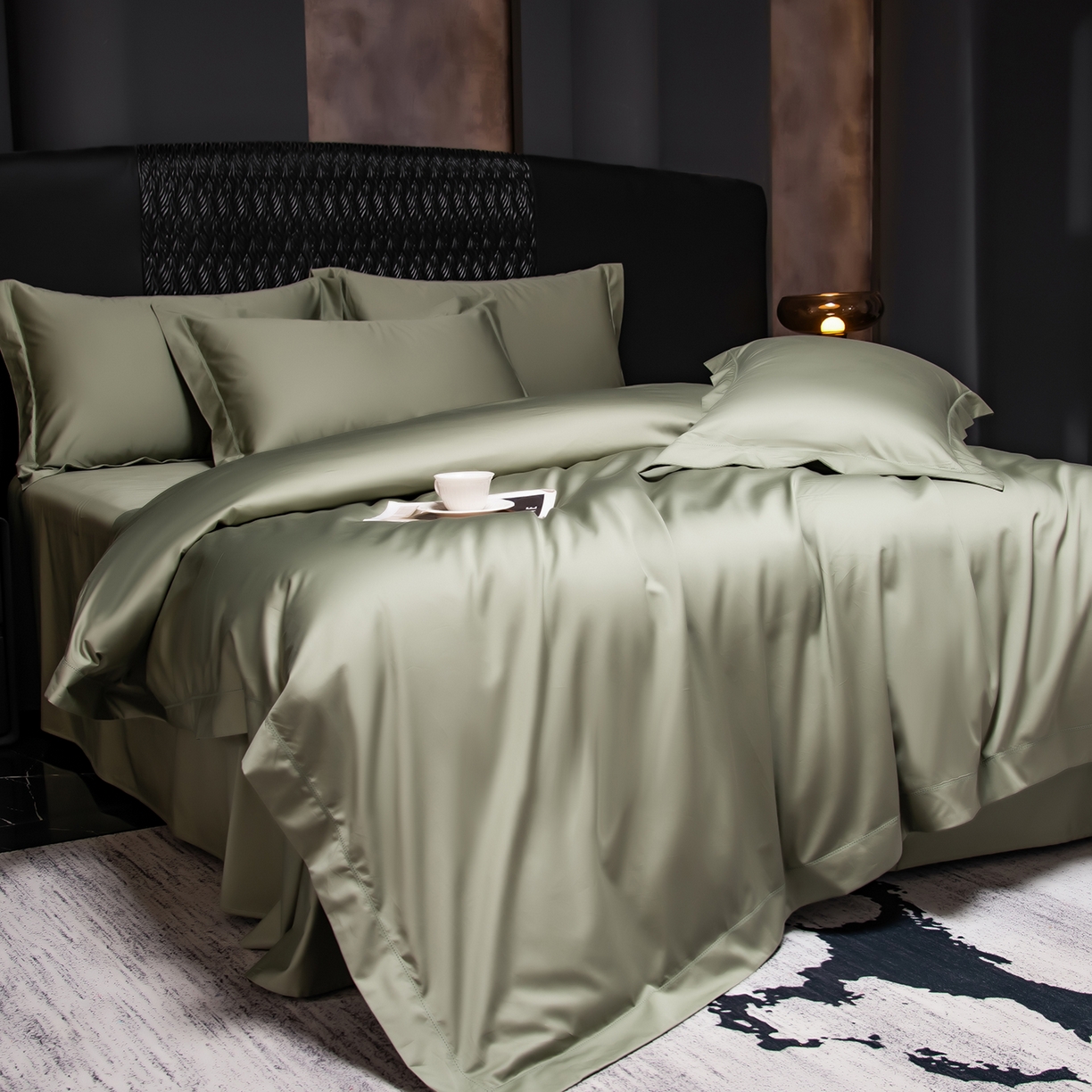 91家纺网 家纺一手货源 找家纺 轩和家居 2026新款高支贡缎长绒棉镂空四件套 松霜绿