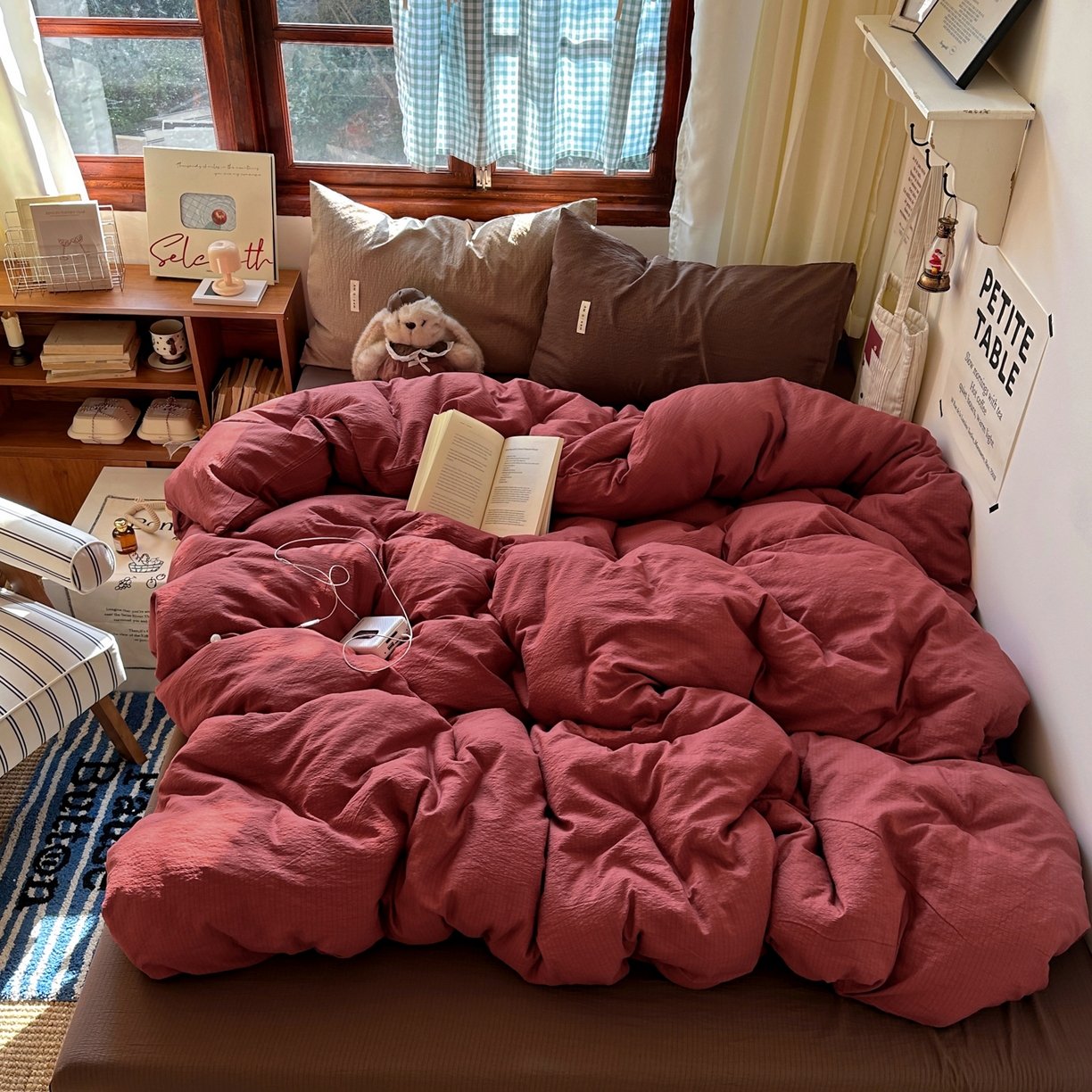 阿曼达 2026新款水洗全工艺印染纯色混搭风莫兰迪色系四件套 混搭风-酒红