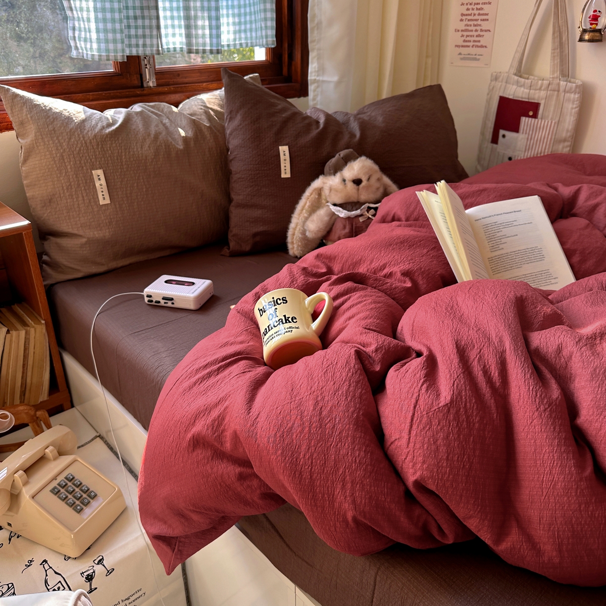 91家纺网 家纺一手货源 找家纺 阿曼达 2026新款水洗全工艺印染纯色混搭风莫兰迪色系四件套 混搭风-酒红