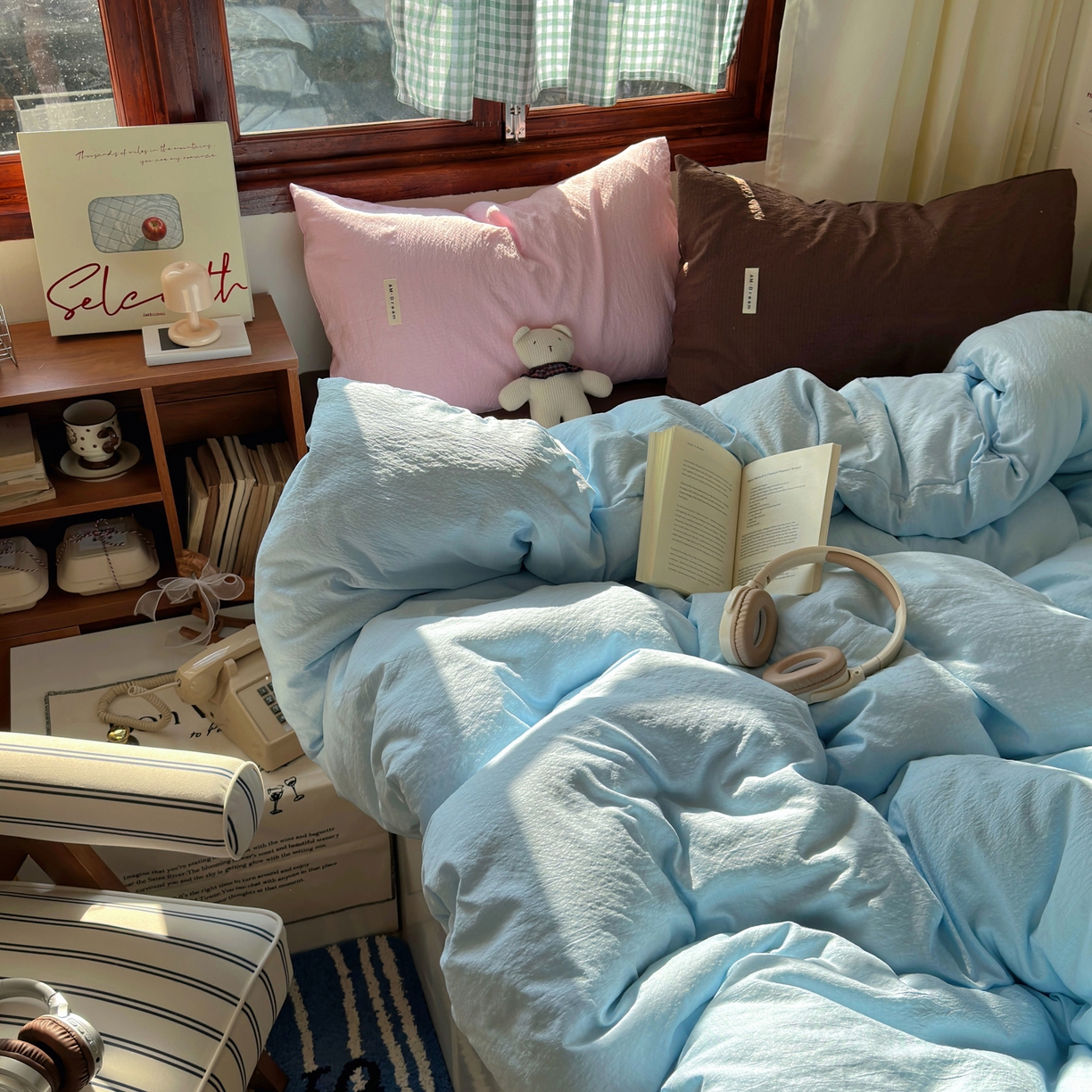 91家纺网 家纺一手货源 找家纺 阿曼达 2026新款水洗全工艺印染纯色混搭风莫兰迪色系四件套 混搭风-天蓝