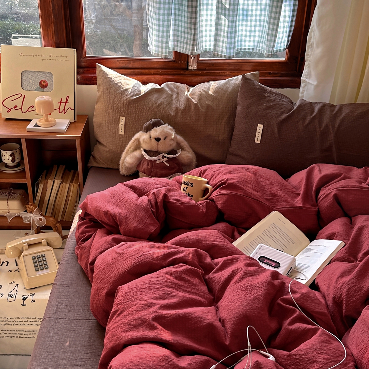 91家纺网 家纺一手货源 找家纺 阿曼达 2026新款水洗全工艺印染纯色混搭风莫兰迪色系四件套 混搭风-酒红