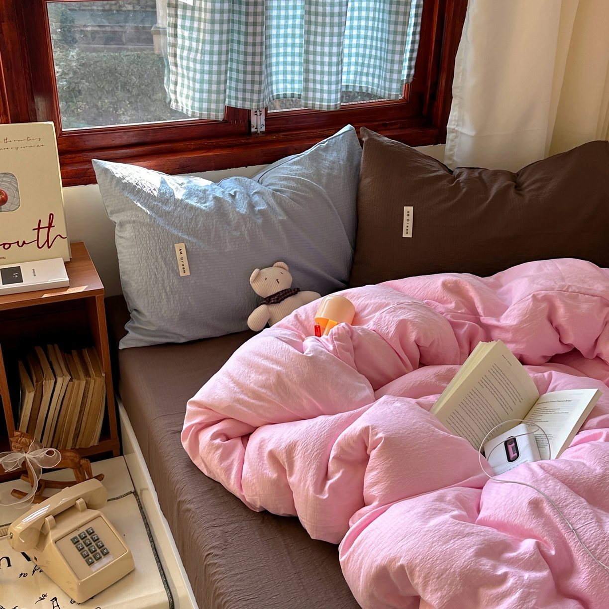 91家纺网 家纺一手货源 找家纺 阿曼达 2026新款水洗全工艺印染纯色混搭风莫兰迪色系四件套 混搭风-粉色