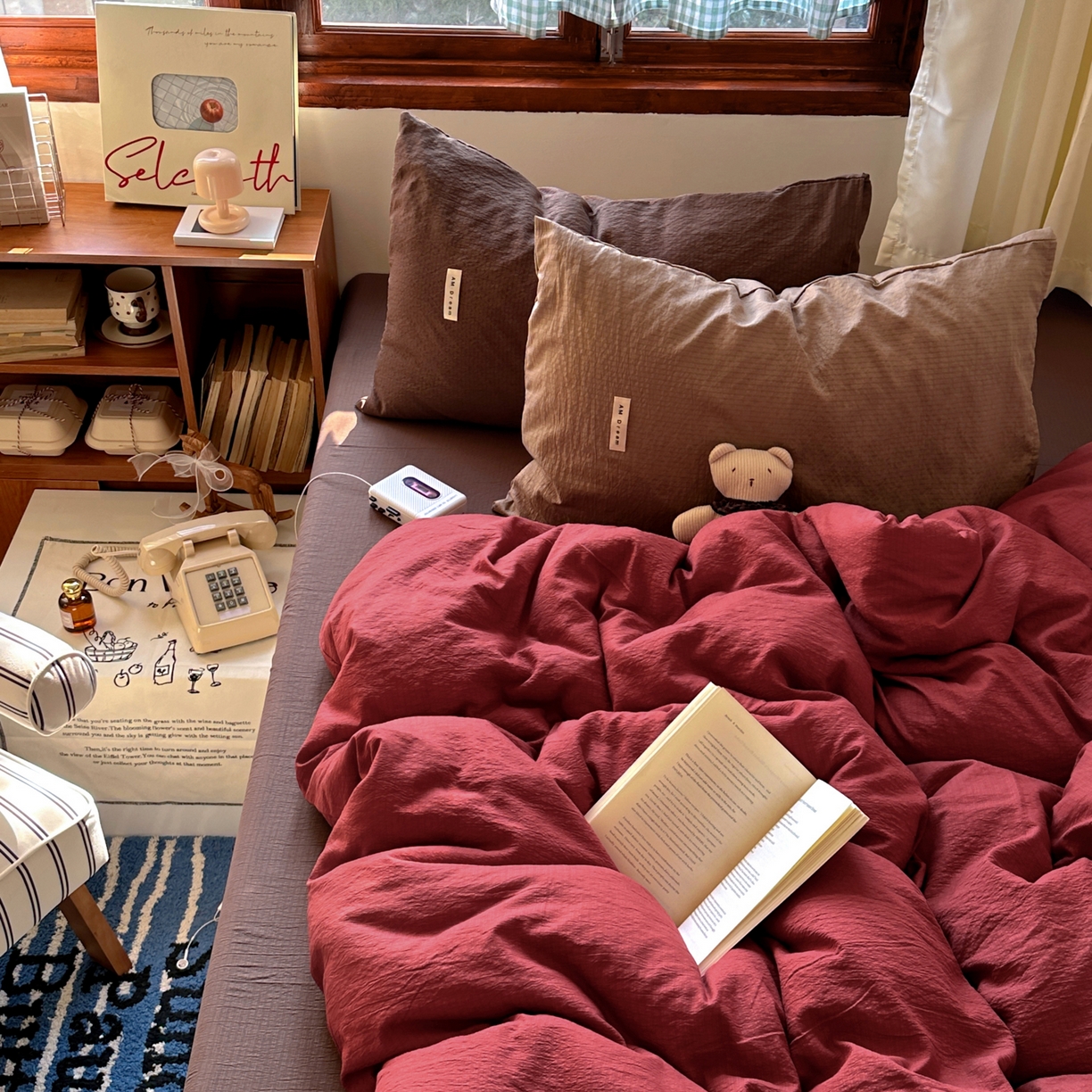 91家纺网 家纺一手货源 找家纺 阿曼达 2026新款水洗全工艺印染纯色混搭风莫兰迪色系四件套 混搭风-酒红