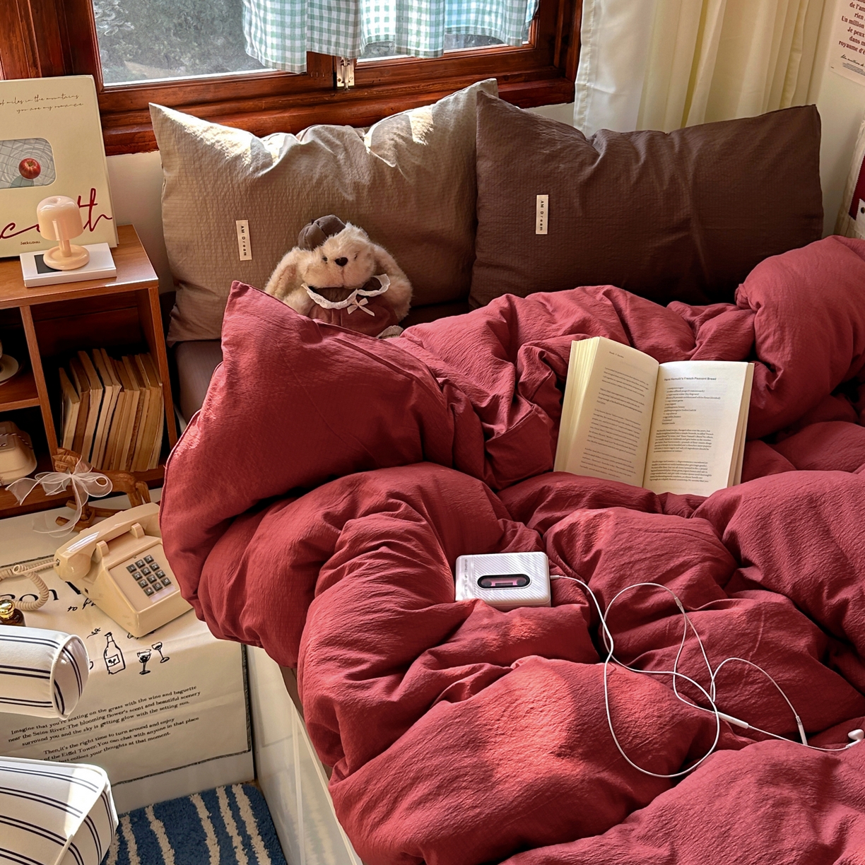 91家纺网 家纺一手货源 找家纺 阿曼达 2026新款水洗全工艺印染纯色混搭风莫兰迪色系四件套 混搭风-酒红