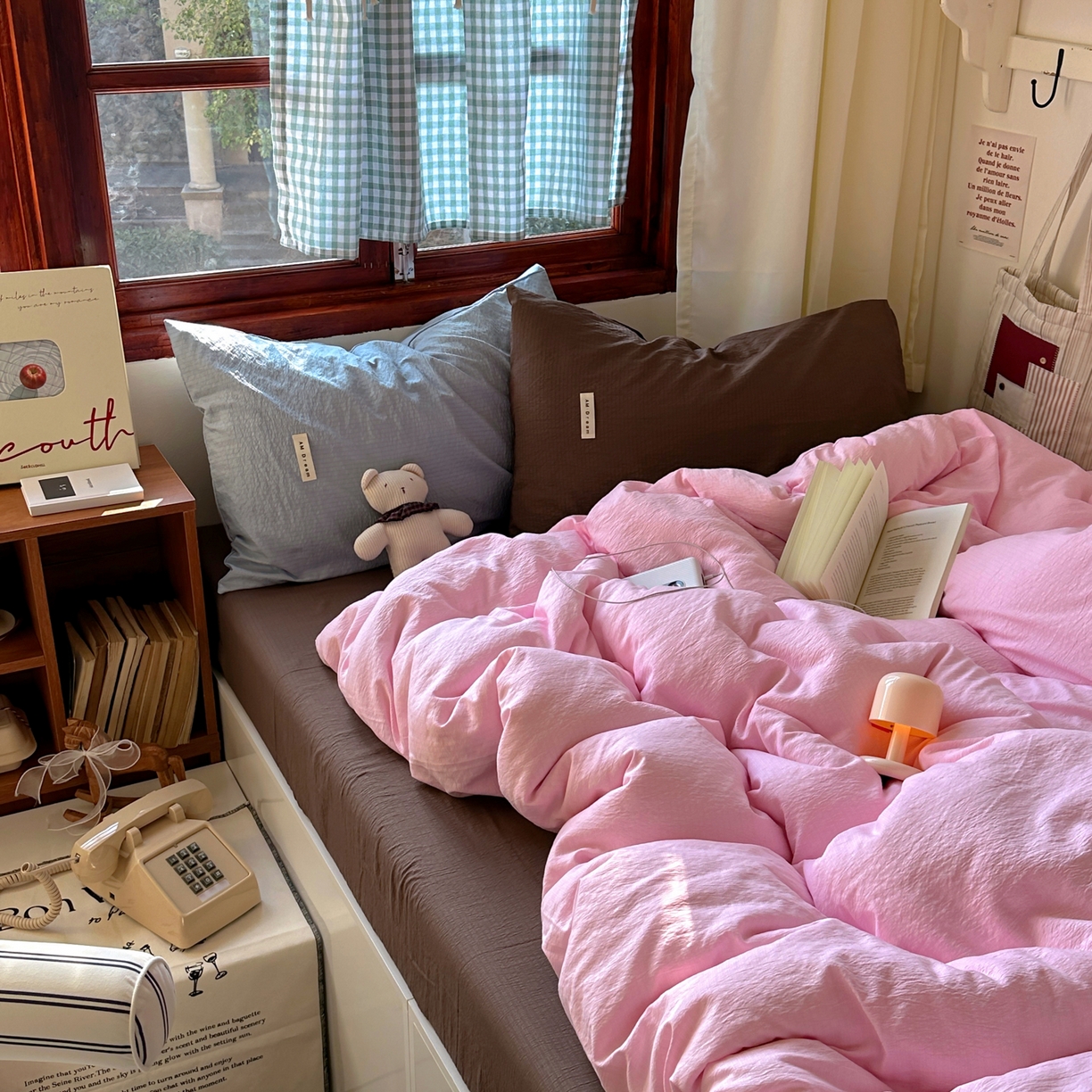 91家纺网 家纺一手货源 找家纺 阿曼达 2026新款水洗全工艺印染纯色混搭风莫兰迪色系四件套 混搭风-粉色