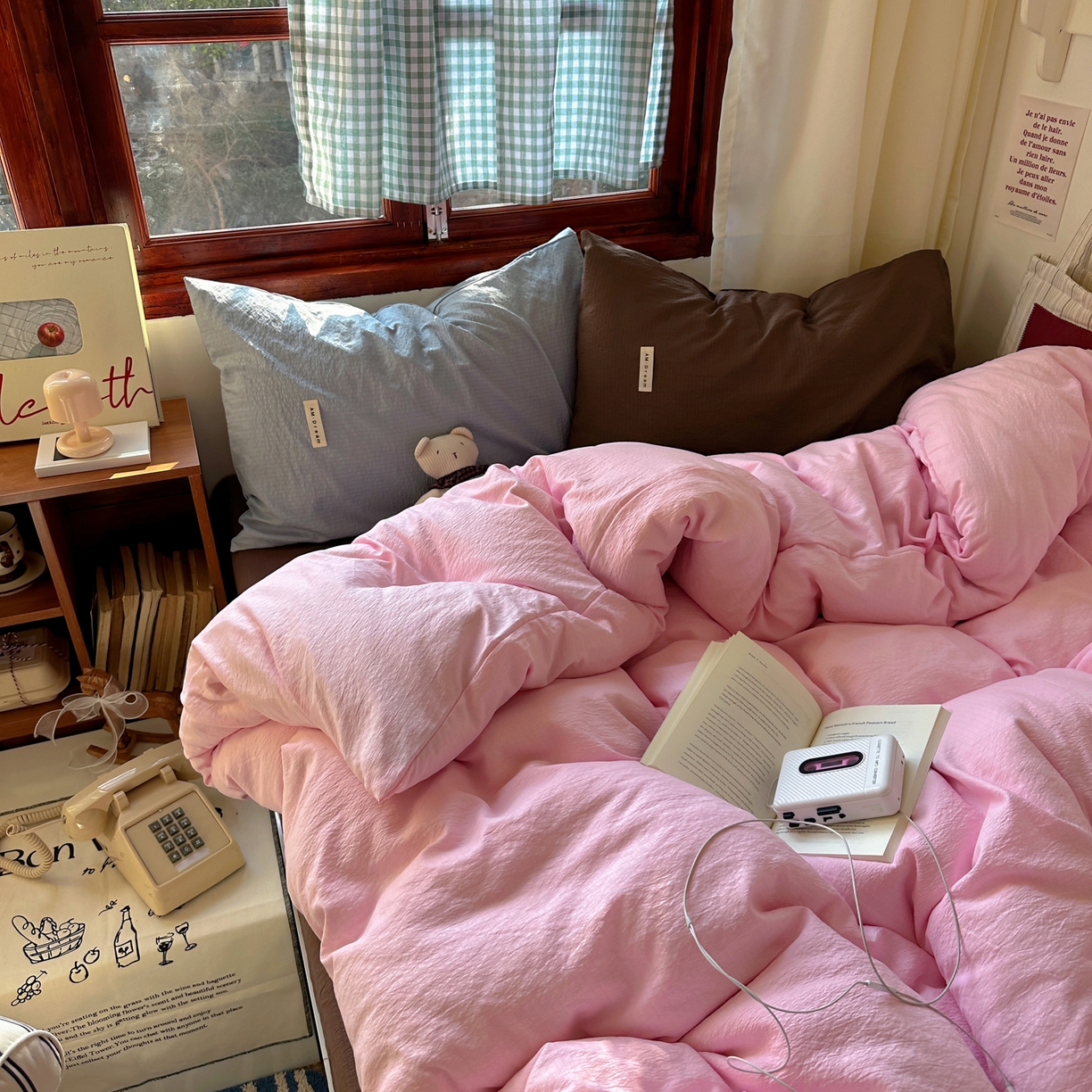 91家纺网 家纺一手货源 找家纺 阿曼达 2026新款水洗全工艺印染纯色混搭风莫兰迪色系四件套 混搭风-粉色