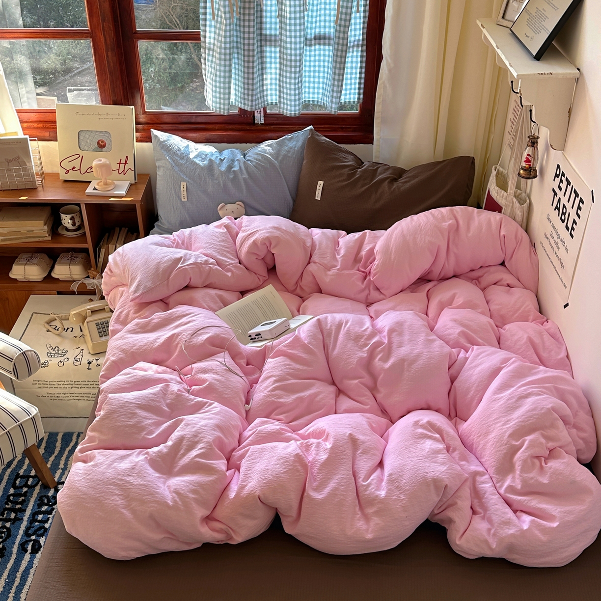 阿曼达 2026新款水洗全工艺印染纯色混搭风莫兰迪色系四件套 混搭风-粉色