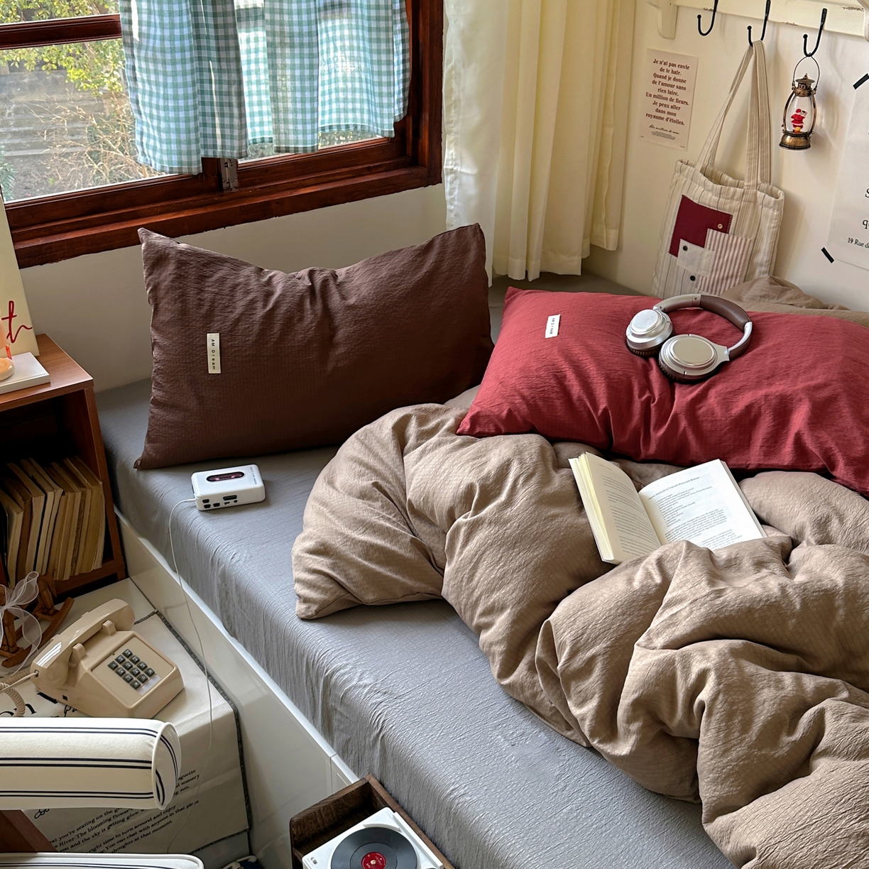 91家纺网 家纺一手货源 找家纺 阿曼达 2026新款水洗全工艺印染纯色混搭风莫兰迪色系四件套 混搭风-驼色