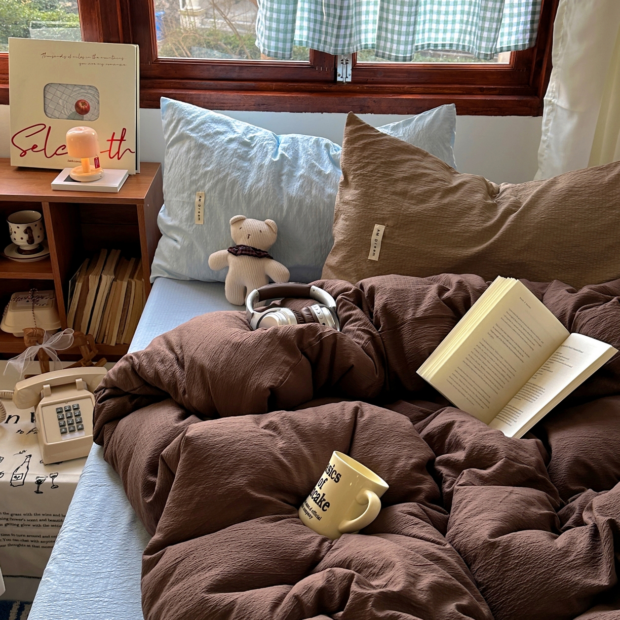 91家纺网 家纺一手货源 找家纺 阿曼达 2026新款水洗全工艺印染纯色混搭风莫兰迪色系四件套 混搭风-咖色