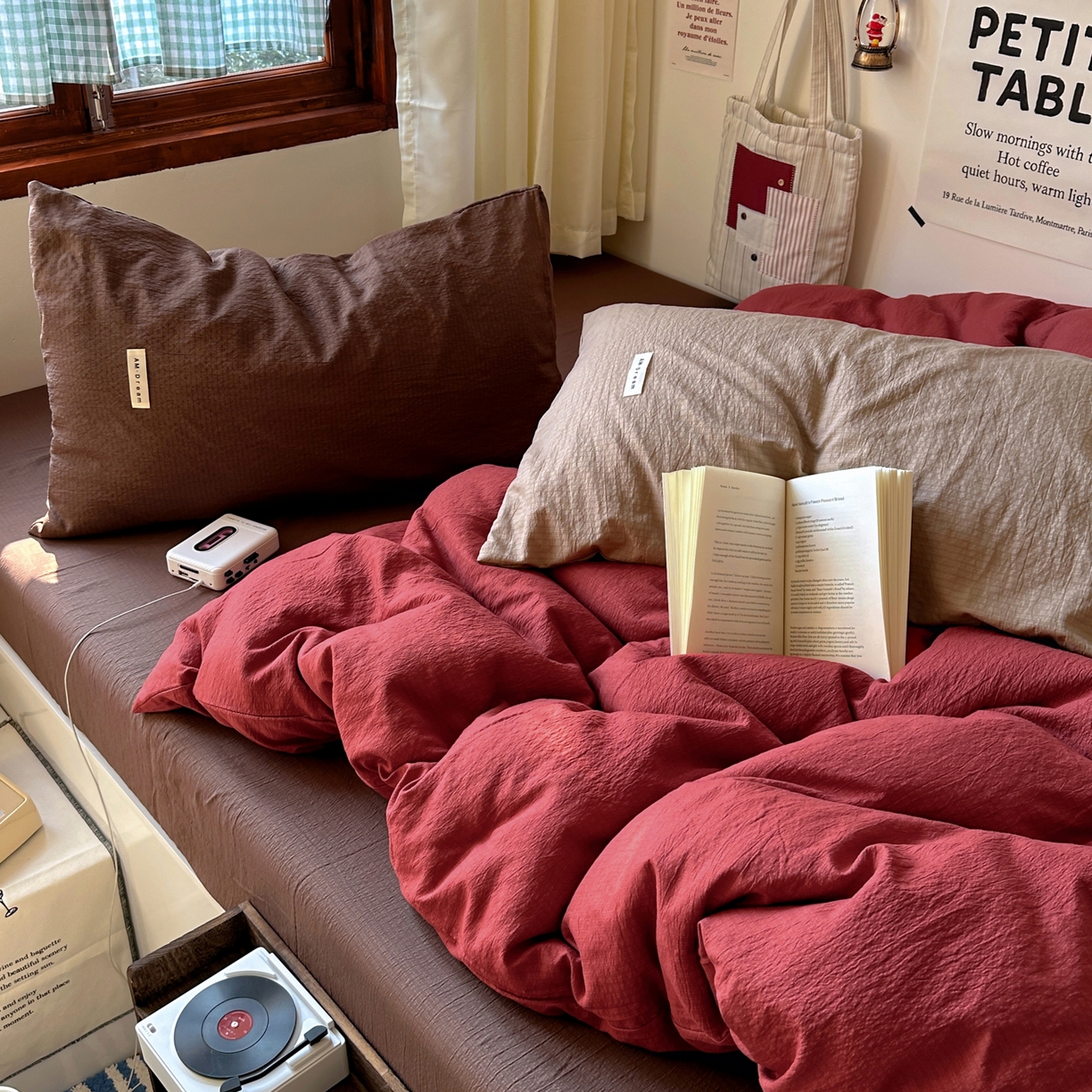 91家纺网 家纺一手货源 找家纺 阿曼达 2026新款水洗全工艺印染纯色混搭风莫兰迪色系四件套 混搭风-酒红