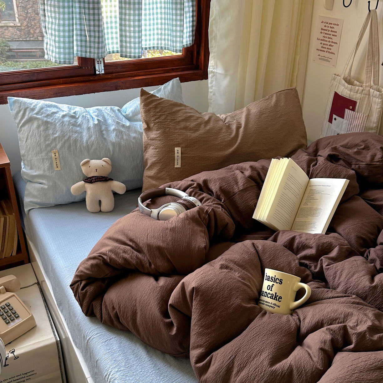 91家纺网 家纺一手货源 找家纺 阿曼达 2026新款水洗全工艺印染纯色混搭风莫兰迪色系四件套 混搭风-咖色