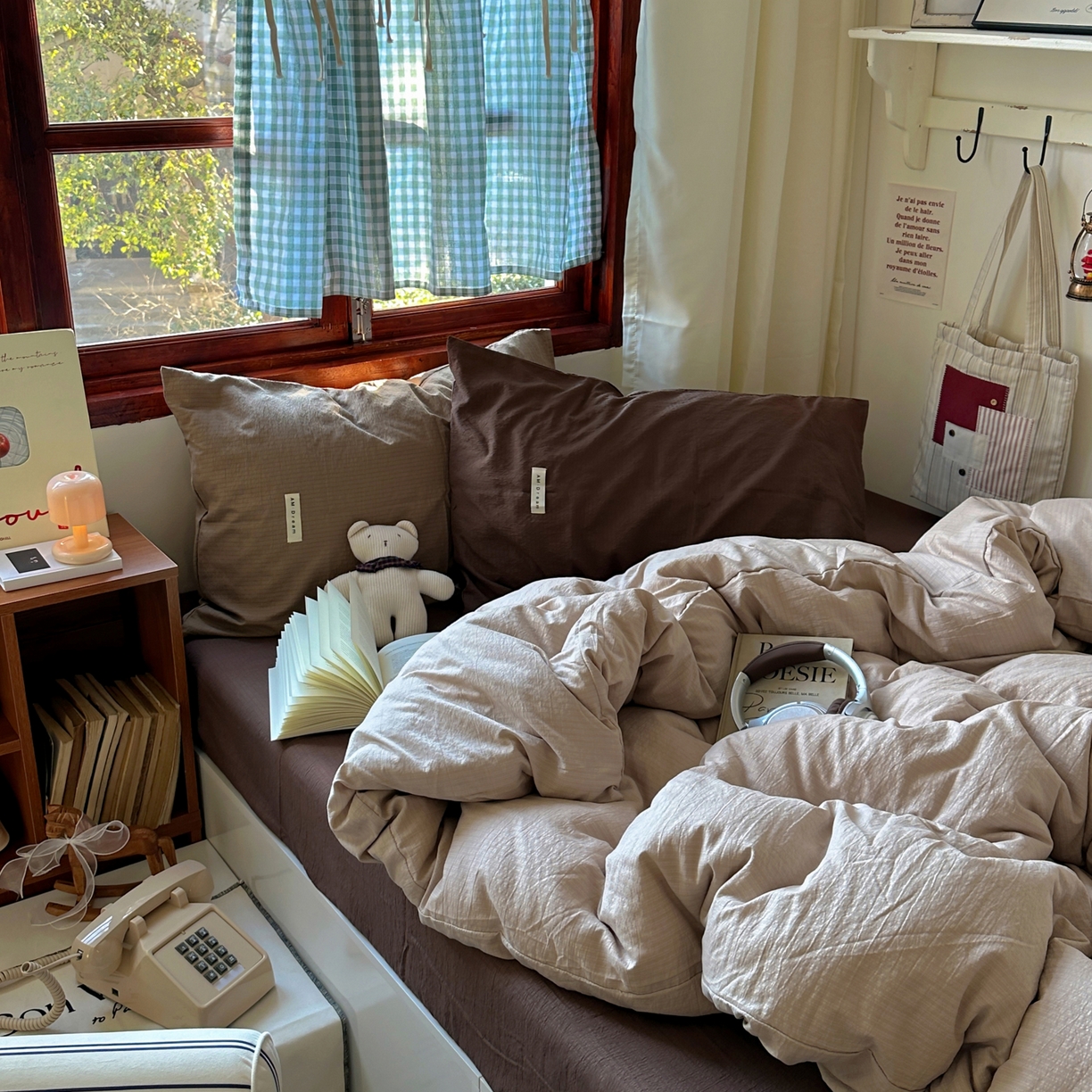 91家纺网 家纺一手货源 找家纺 阿曼达 2026新款水洗全工艺印染纯色混搭风莫兰迪色系四件套 混搭风-杏色