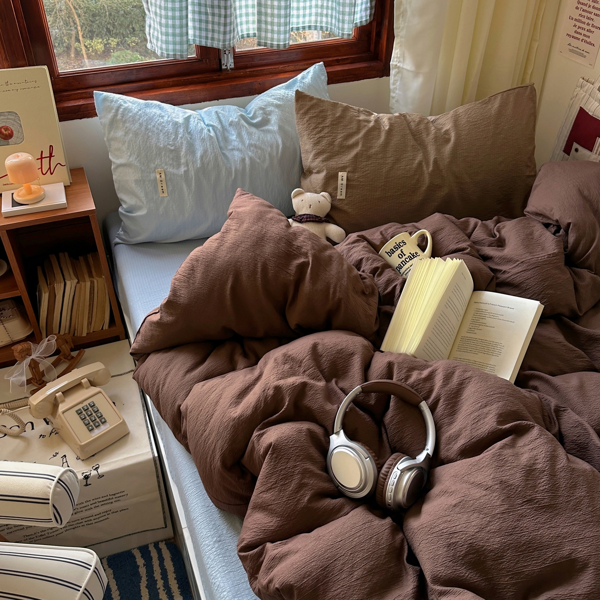 91家纺网 家纺一手货源 找家纺 阿曼达 2026新款水洗全工艺印染纯色混搭风莫兰迪色系四件套 混搭风-咖色