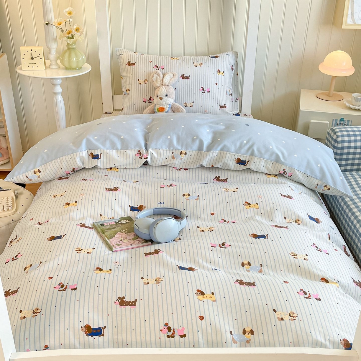 91家纺网 家纺一手货源 找家纺 寻米 2026新款春夏13070印花三件套单品系列-单床单 小狗没烦恼-蓝