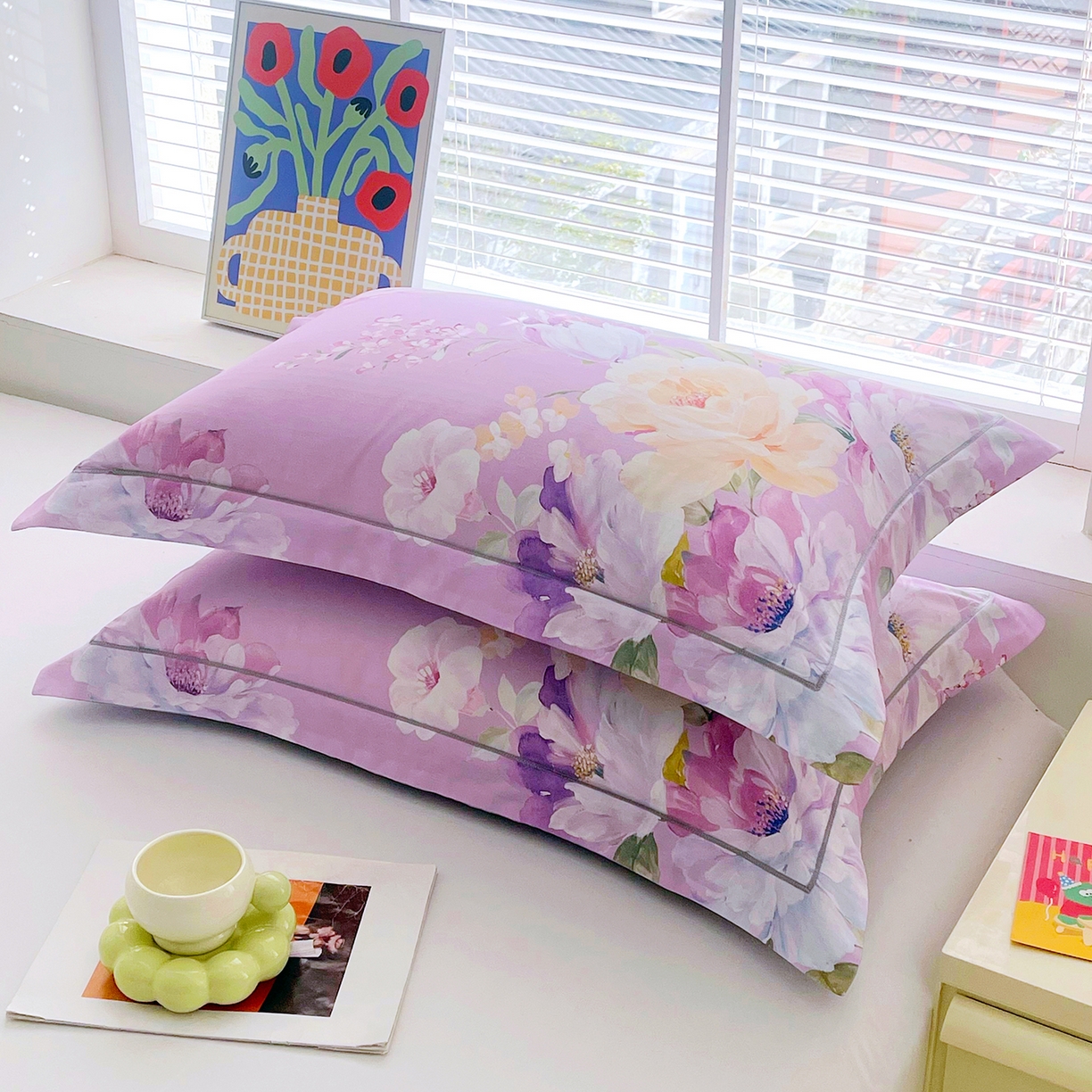 91家纺网 家纺一手货源 找家纺 焱博家纺 2026新款13376全棉纯棉大版数码印花单枕套枕套单件 甜美春日