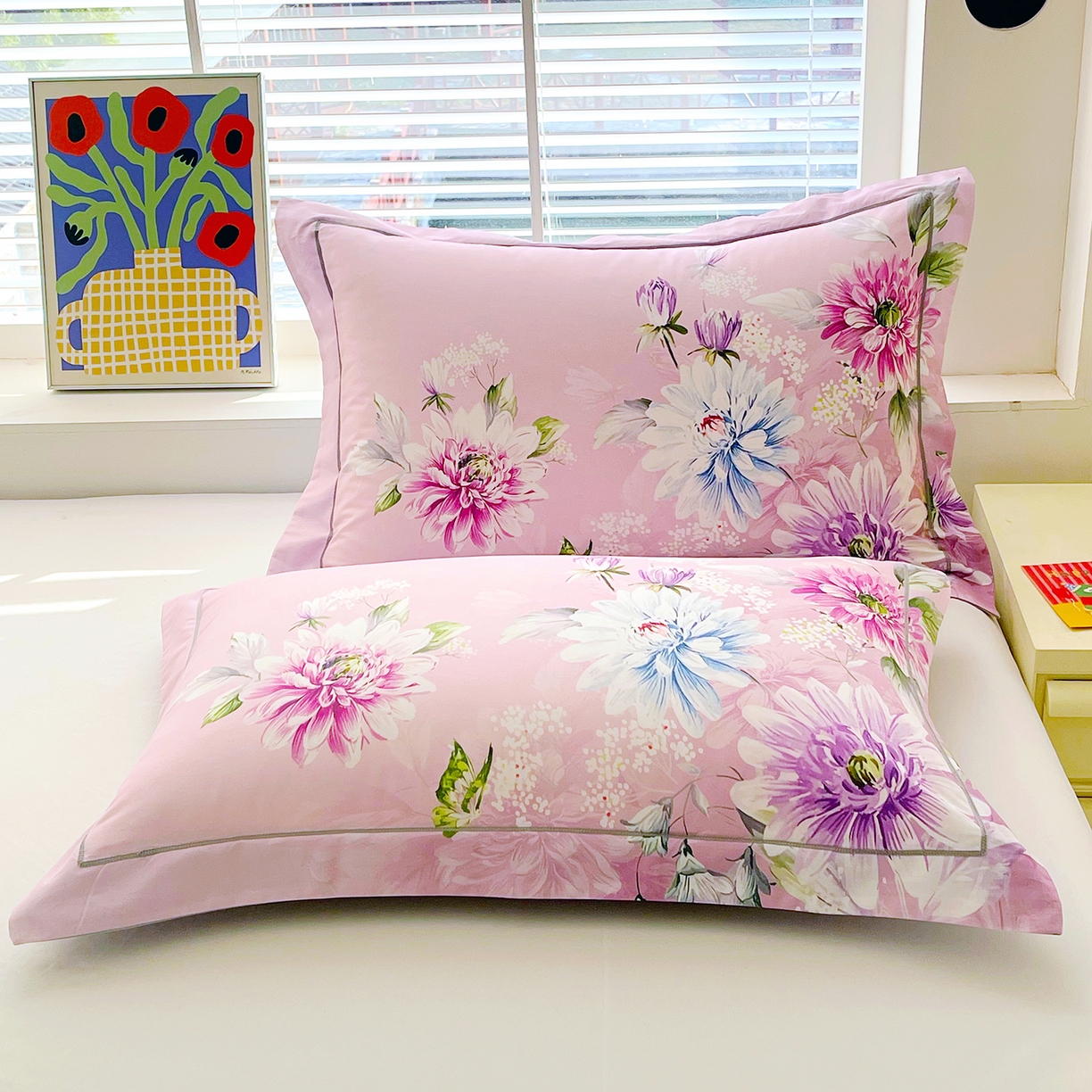 91家纺网 家纺一手货源 找家纺 焱博家纺 2026新款13376全棉纯棉大版数码印花单枕套枕套单件 爱意随风