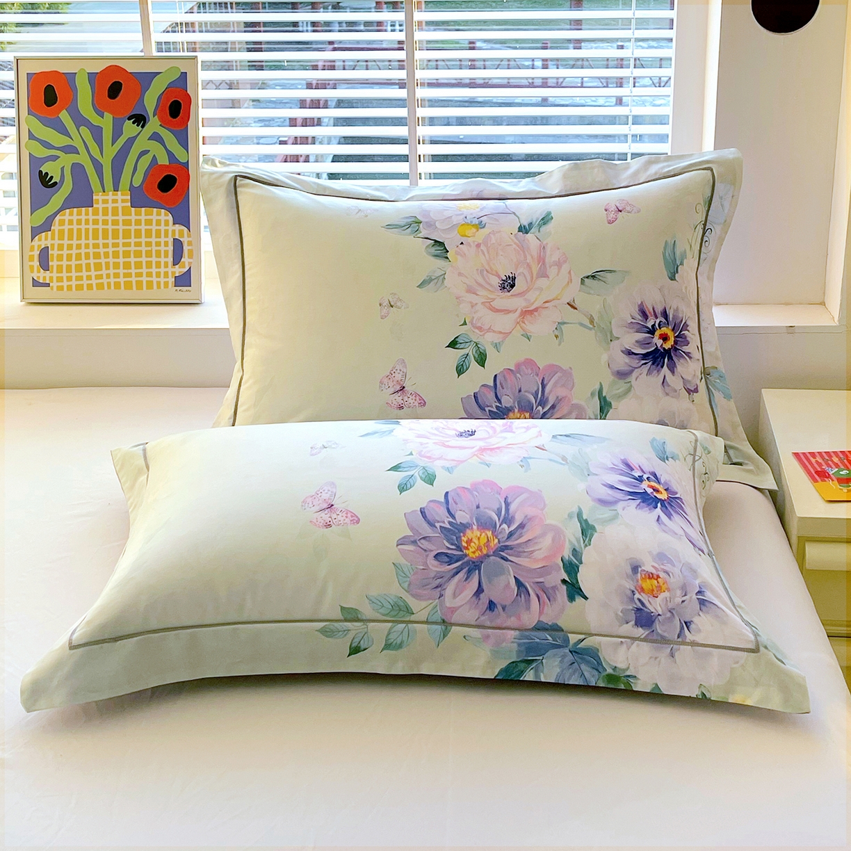 91家纺网 家纺一手货源 找家纺 焱博家纺 2026新款13376全棉纯棉大版数码印花单枕套枕套单件 花香满园