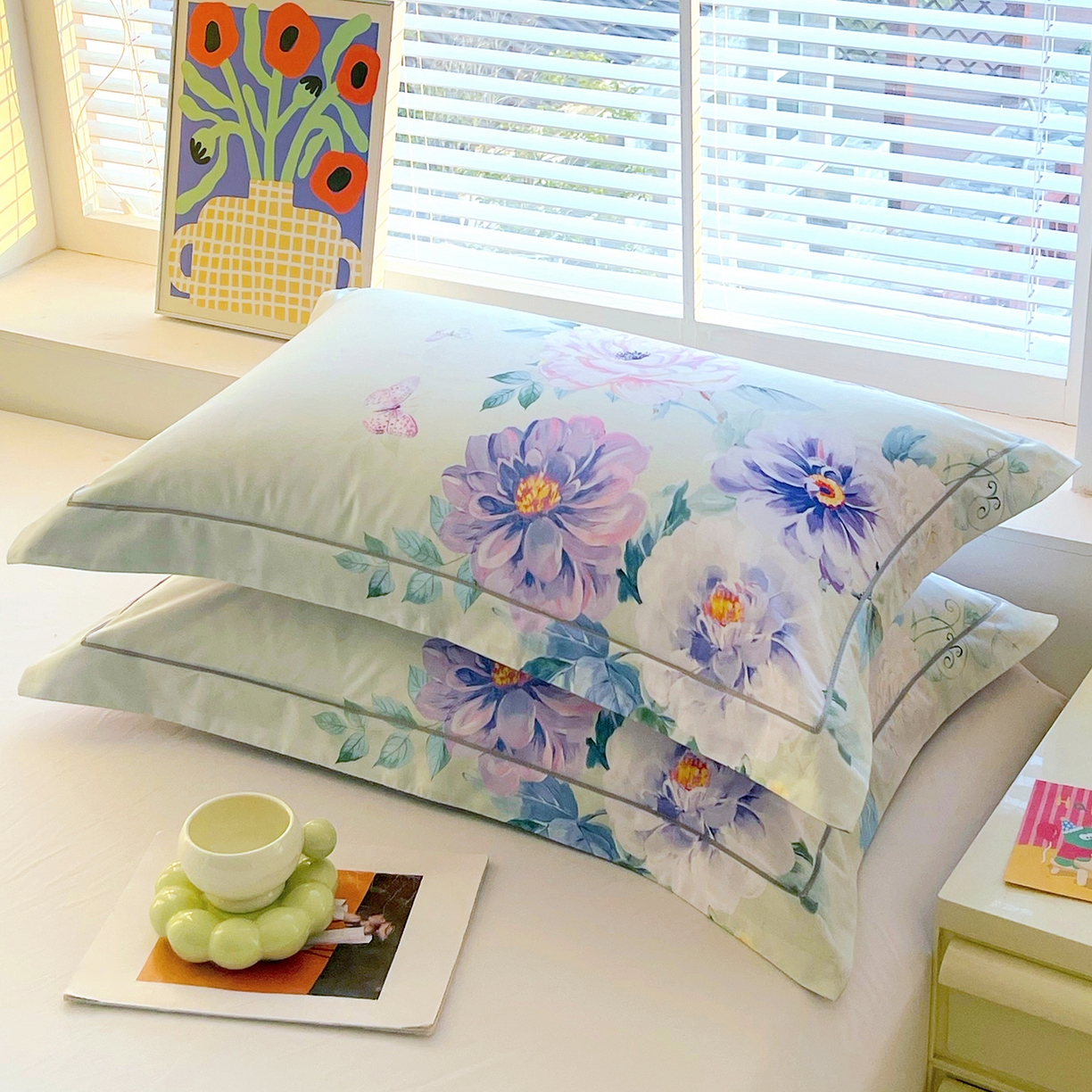 91家纺网 家纺一手货源 找家纺 焱博家纺 2026新款13376全棉纯棉大版数码印花单枕套枕套单件 花香满园