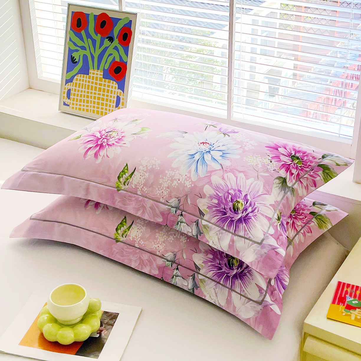 91家纺网 家纺一手货源 找家纺 焱博家纺 2026新款13376全棉纯棉大版数码印花单枕套枕套单件 爱意随风