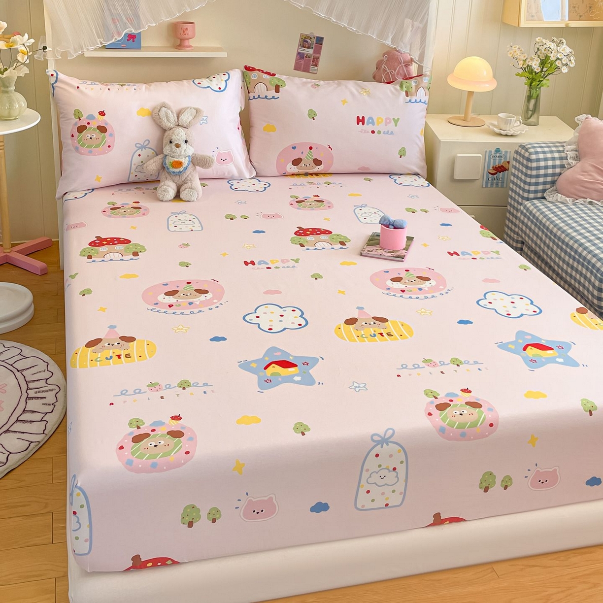 91家纺网 家纺一手货源 找家纺 寻米 2026新款春夏全棉13070印花四件套单品系列-单床笠 草莓奶糖