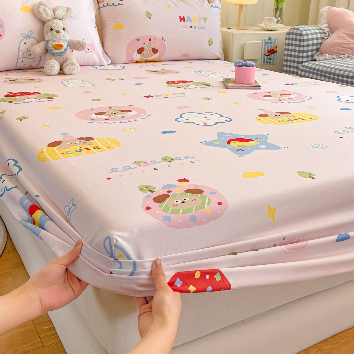 91家纺网 家纺一手货源 找家纺 寻米 2026新款春夏全棉13070印花四件套单品系列-单床笠 草莓奶糖