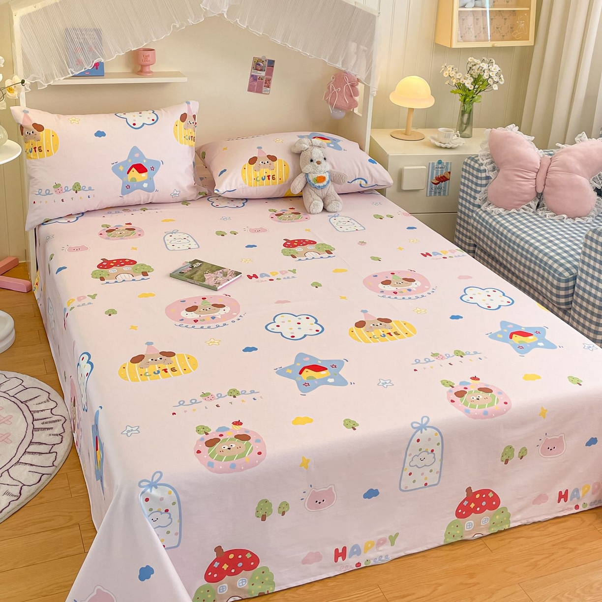 91家纺网 家纺一手货源 找家纺 寻米 2026新款春夏全棉13070印花四件套单品系列-单床笠 草莓奶糖