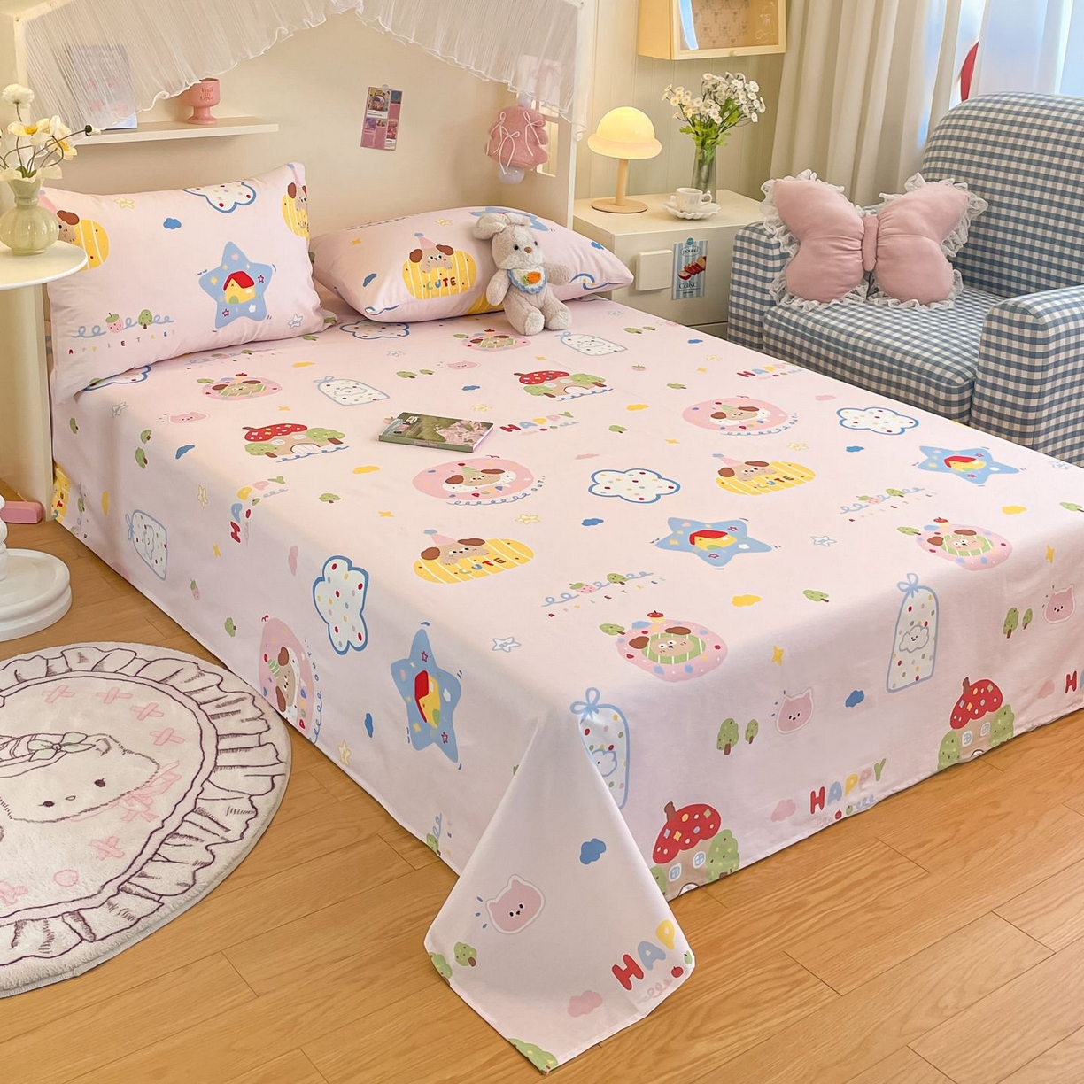 91家纺网 家纺一手货源 找家纺 寻米 2026新款春夏全棉13070印花四件套单品系列-单床笠 草莓奶糖