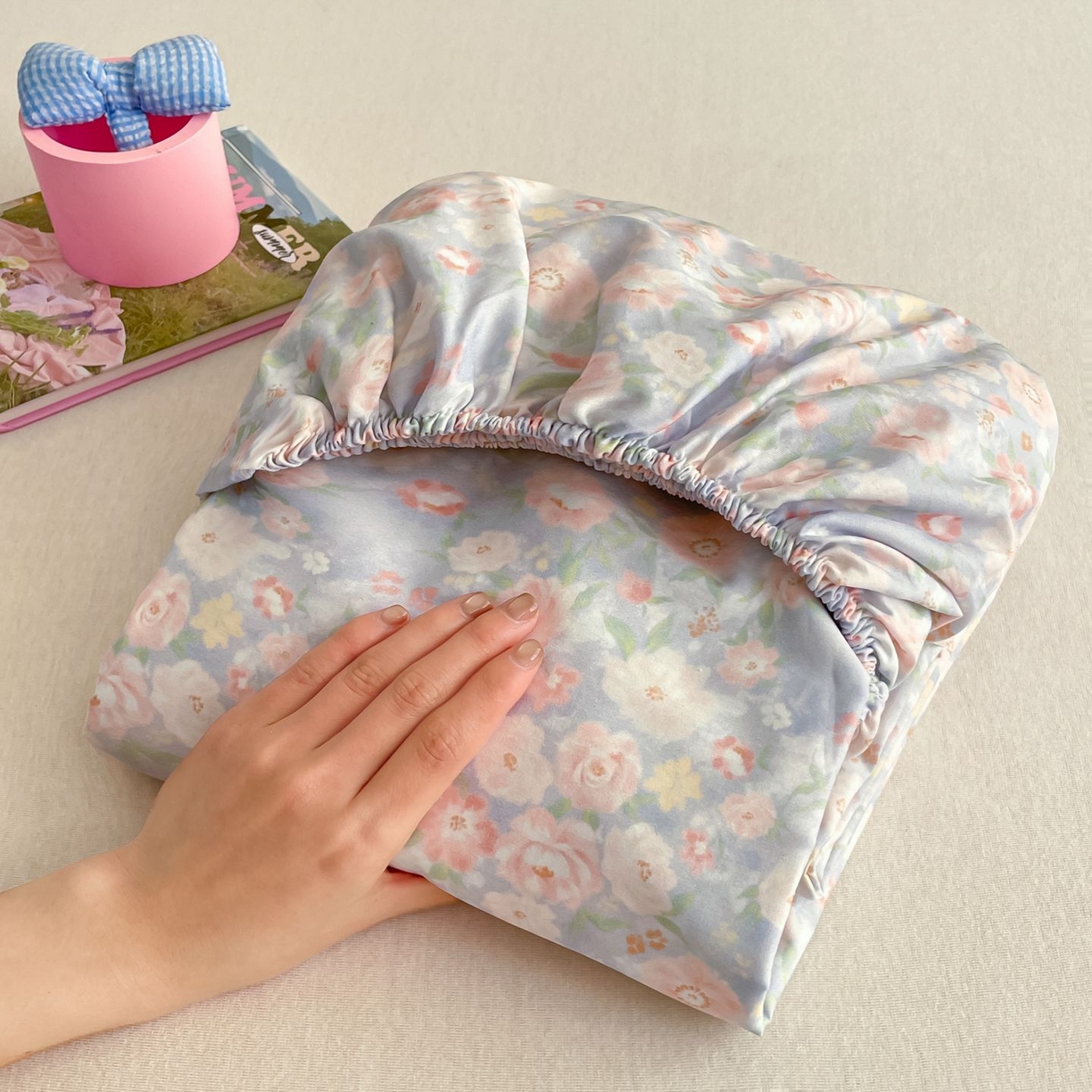 寻米 2026新款春夏全棉13070印花四件套单品系列-单床笠 繁花-粉