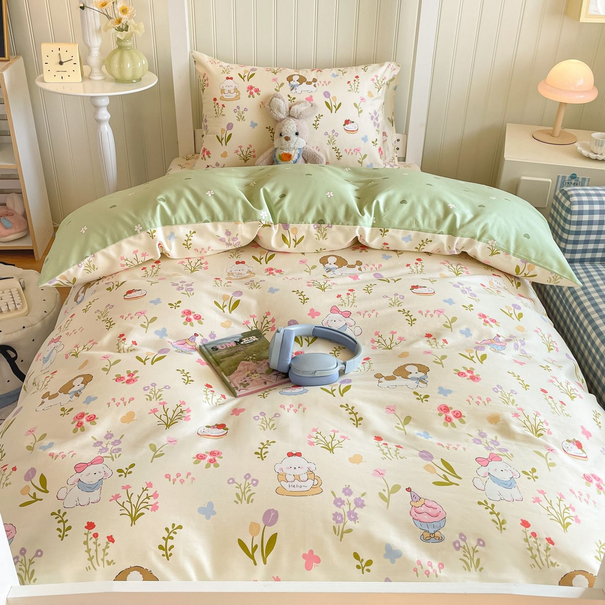 91家纺网 家纺一手货源 找家纺 寻米 2026新款春夏13070印花三件套单品系列-单床笠 花园小狗