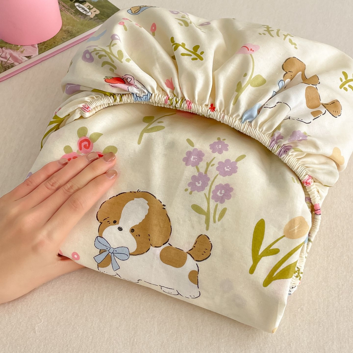 寻米 2026新款春夏全棉13070印花四件套单品系列-单床笠 花园小狗