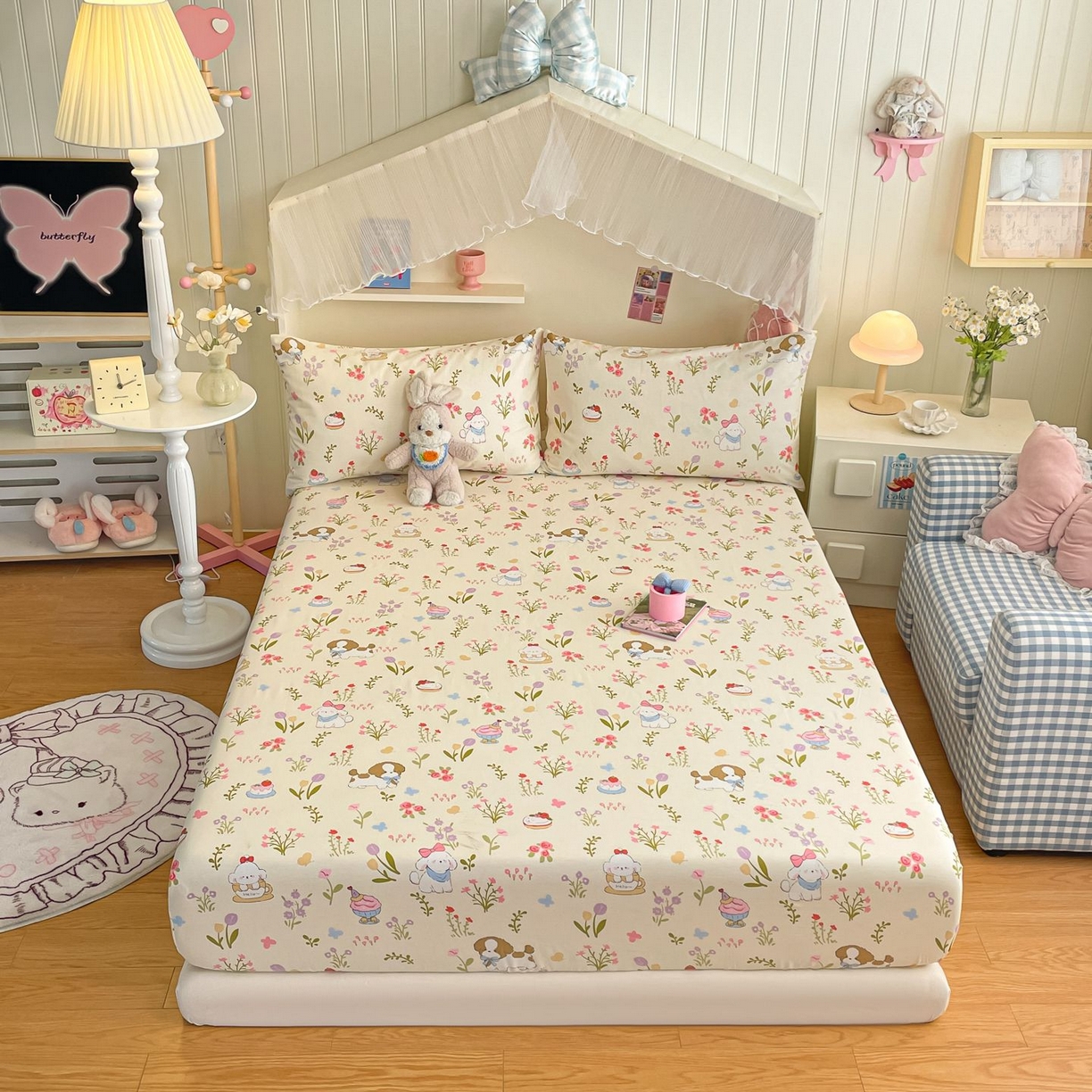 91家纺网 家纺一手货源 找家纺 寻米 2026新款春夏全棉13070印花四件套单品系列-单床笠 花园小狗