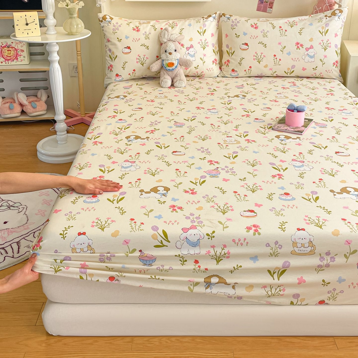 91家纺网 家纺一手货源 找家纺 寻米 2026新款春夏全棉13070印花四件套单品系列-单床笠 花园小狗