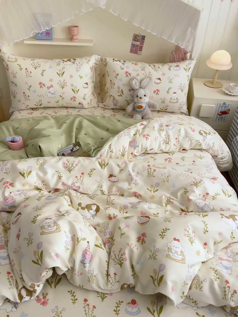 91家纺网 家纺一手货源 找家纺 寻米 2026新款春夏全棉13070印花四件套单品系列-单床笠 花园小狗